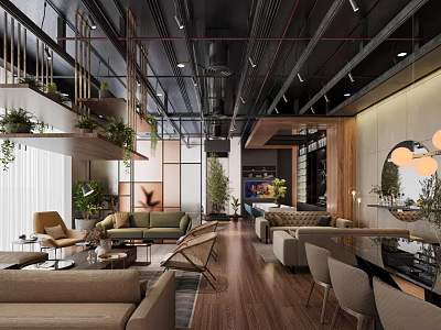 Modern Hotel Public Lounge Area With Green Plants Comfortable Sofas And Wooden Floors 3d model