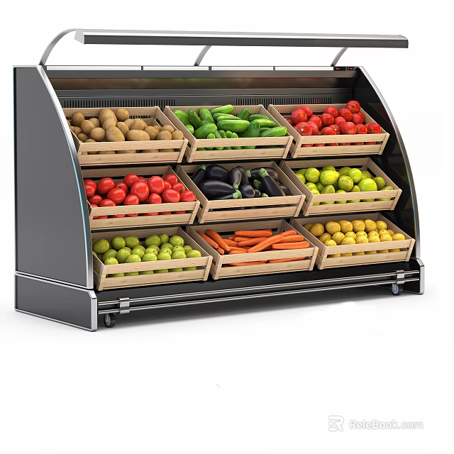 Organized Display Shelf With Fresh Fruits Vegetables In Wooden Crates 3d model 