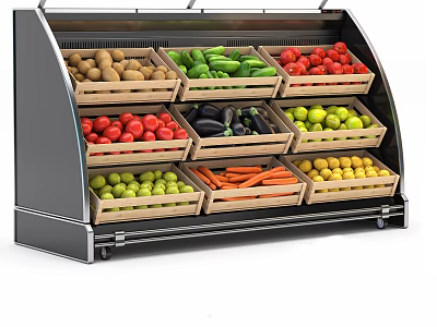 Organized Display Shelf With Fresh Fruits Vegetables In Wooden Crates 3d model