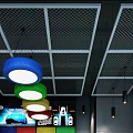 Car 4S Shop Interior With Silver Car Colorful Grid Wall Shelves And Hanging Lights