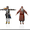 Futuristic Tech Equipped Young Character and Traditional Elderly Man in Red Robe with Long Beard