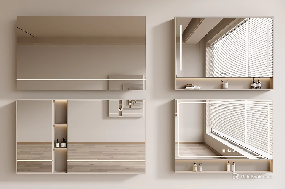 Modern Wall Mounted Mirrors With Storage Shelves And Cabinets In Bathroom Interior 3d model 