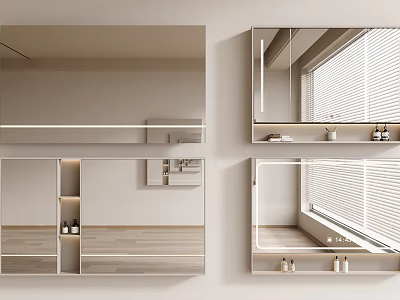 Modern Wall Mounted Mirrors With Storage Shelves And Cabinets In Bathroom Interior 3d model