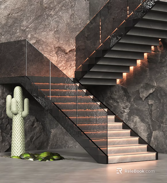 Modern Staircase Design With Dark Stone Steps LED Lighting And Cactus Decor 3d model 