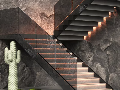 Modern Staircase Design With Dark Stone Steps LED Lighting And Cactus Decor 3d model