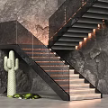 Modern Staircase Design With Dark Stone Steps LED Lighting And Cactus Decor 3d model