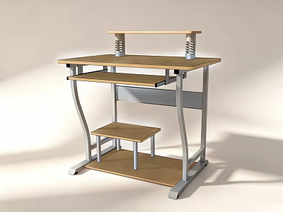 Modern Adjustable Wooden Desk with Metal Frame and Lower Shelf Stool 3d model