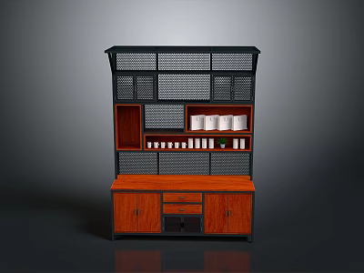 Modern Multi Tier Storage Furniture With Black Mesh Shelves And Wooden Cabinet Displaying White Cups 3d model