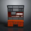 Modern Multi Tier Storage Furniture With Black Mesh Shelves And Wooden Cabinet Displaying White Cups