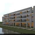 Modern School Building With Glass Windows Green Lawn Basketball Court Near Waterfront