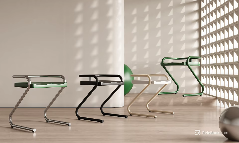 Modern Dining Chairs With Sleek Metal Frames Green Seats And Geometric Shadow Patterns 3d model 