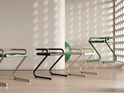 Modern Dining Chairs With Sleek Metal Frames Green Seats And Geometric Shadow Patterns 3d model
