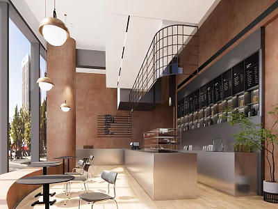 Elegant Modern Café Interior Design With Pendant Lights Bar Counter And Wooden Tables 3d model