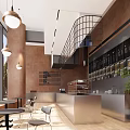 Elegant Modern Café Interior Design With Pendant Lights Bar Counter And Wooden Tables