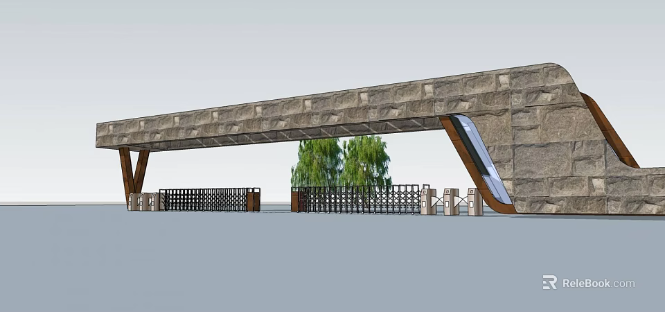 Modern Entrance Gate With Stone Archway Wooden Frame And Green Trees 3d model 