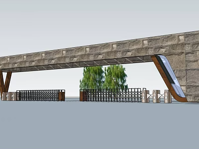 Modern Entrance Gate With Stone Archway Wooden Frame And Green Trees 3d model