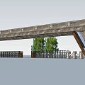 Modern Entrance Gate With Stone Archway Wooden Frame And Green Trees