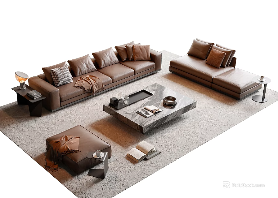 Modern Brown Sofa and Coffee Table Set with Pillows Ottoman Side Table and Lamp 3d model 