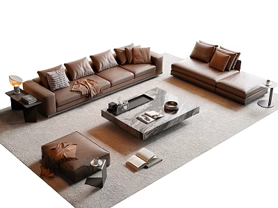 Modern Brown Sofa and Coffee Table Set with Pillows Ottoman Side Table and Lamp 3d model