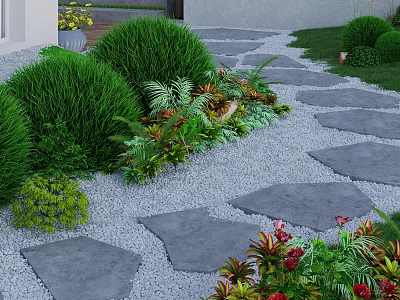 Lush Garden Landscape With Stone Path Gravel Various Plants And Red Flowers 3d model