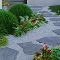 Lush Garden Landscape With Stone Path Gravel Various Plants And Red Flowers