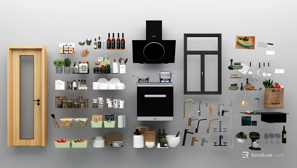 Modern Kitchen Utensils And Appliances Including Cabinets Sink Spice Jars And Dishes 3d model 