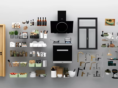 Modern Kitchen Utensils And Appliances Including Cabinets Sink Spice Jars And Dishes 3d model