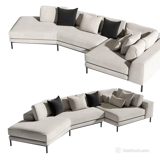 Modern Beige Sectional Sofa With Multiple Black And Beige Cushions And Metal Legs 3d model 