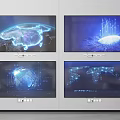 Four TVs Video Wall Displaying Tech Blue Earth Network Data Streams White Wall Gray Floor