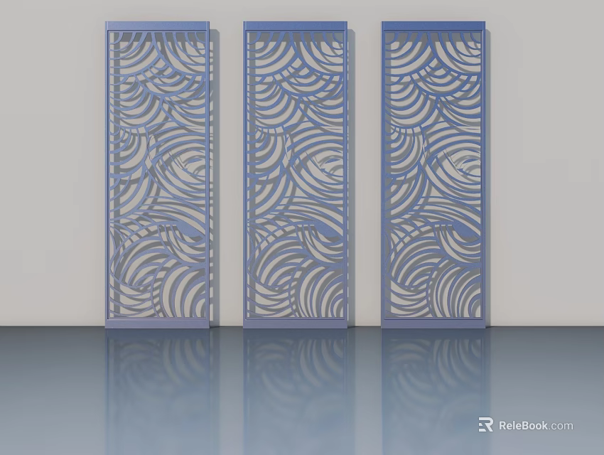 Three Blue Panel Doors With Wavy Cut Out Patterns On Smooth Floor With Reflections 3d model