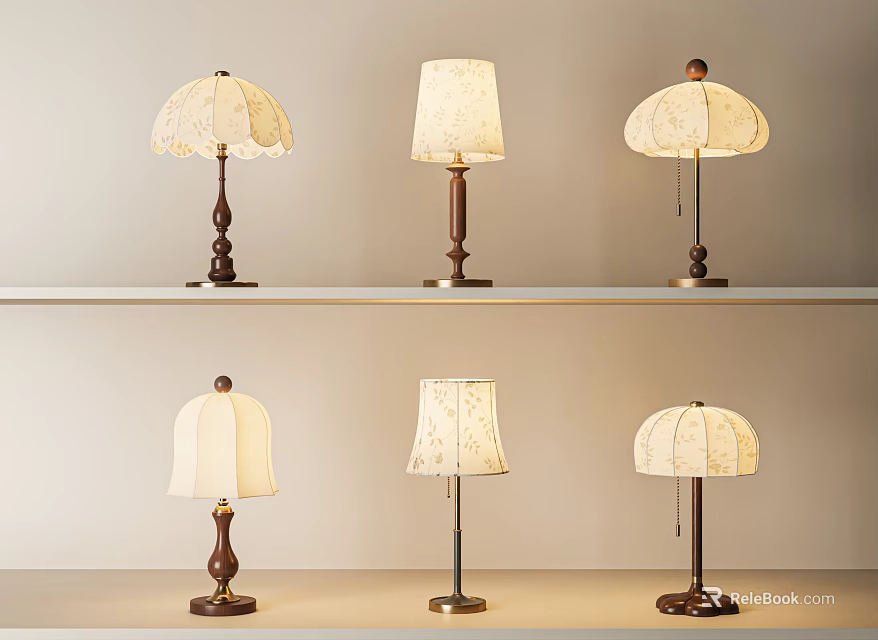Six Vintage Table Lamps With Patterned Shades And Wooden Metal Bases On Shelves 3d model 