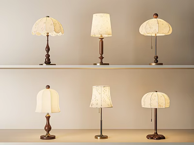 Six Vintage Table Lamps With Patterned Shades And Wooden Metal Bases On Shelves 3d model