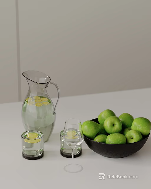 Decorative Ornament Set With Clear Glass Pitcher Lemon Water Glasses Green Apples And Black Bowl 3d model 