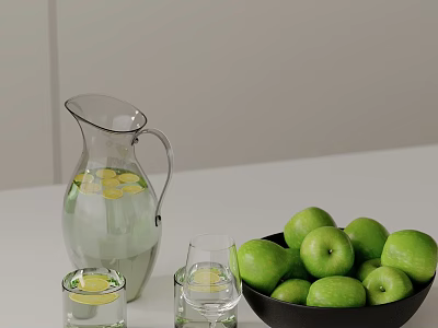 Decorative Ornament Set With Clear Glass Pitcher Lemon Water Glasses Green Apples And Black Bowl 3d model