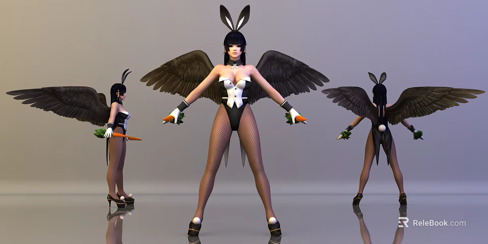 Woman With Bunny Ears Black Wings Black Bodysuit Fishnet Stockings Holding Carrots in Multiple Angles 3d model 