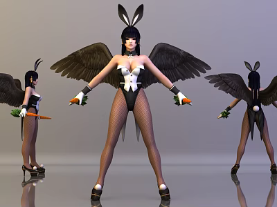 Woman With Bunny Ears Black Wings Black Bodysuit Fishnet Stockings Holding Carrots in Multiple Angles 3d model