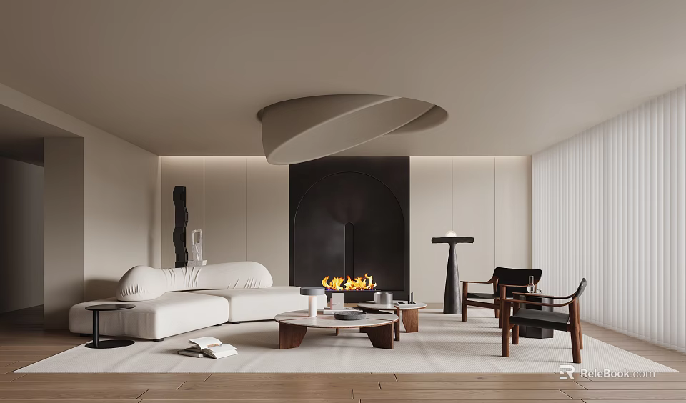 Modern Luxury Living Room Interior With White Sofa Fireplace Curved Pendant Light And Coffee Table 3d model 
