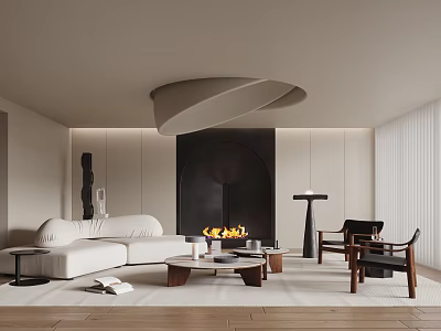 Modern Luxury Living Room Interior With White Sofa Fireplace Curved Pendant Light And Coffee Table 3d model