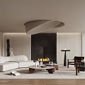 Modern Luxury Living Room Interior With White Sofa Fireplace Curved Pendant Light And Coffee Table