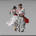 Couple In Traditional Folk Costumes With Red Accents Dancing On Gray Background