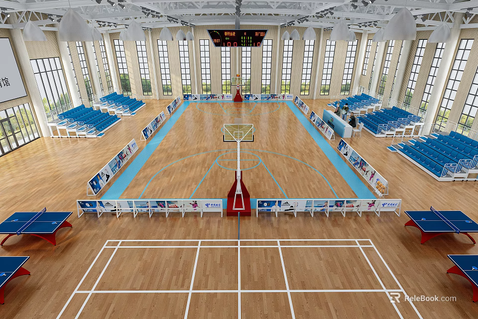 Indoor Sports Hall With Wooden Floor Basketball Volleyball Courts And Table Tennis Tables 3d model 