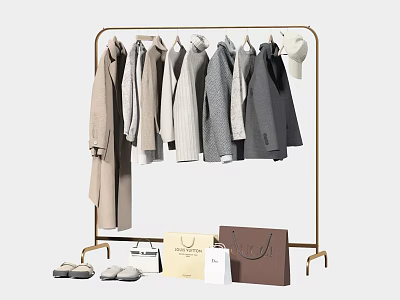 Stylish Clothes Hanging on Gold Metal Clothes Rack with Shopping Bags and Shoes 3d model