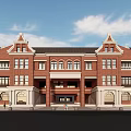 Red Brick University Building With Arched Windows Symmetrical Design Campus Square And Street Lamps