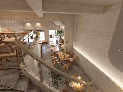Minimalist Modern Café Interior Design With Open Space Wooden Tables Green Plants And Staircase 3d model