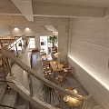 Minimalist Modern Café Interior Design With Open Space Wooden Tables Green Plants And Staircase