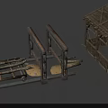 Cartoon Scene With Whimsical Wooden Hut Bridge And Stacked Logs In Rustic Setting