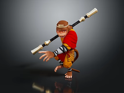 Dynamic Game Movie Monkey Character In Red Outfit Yellow Pants With Headband Holding Golden Staff 3d model