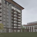 Modern Multistory Residential Building With Balconies Green Lawn And Trees