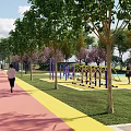 Scenic Park Landscape with Colorful Trees Green Grass Steps and People Walking Under Blue Sky
