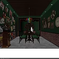 Vintage Themed Interior Design Featuring Green Walls Red Curtains Colorful Pendant Lights And Wall Decor